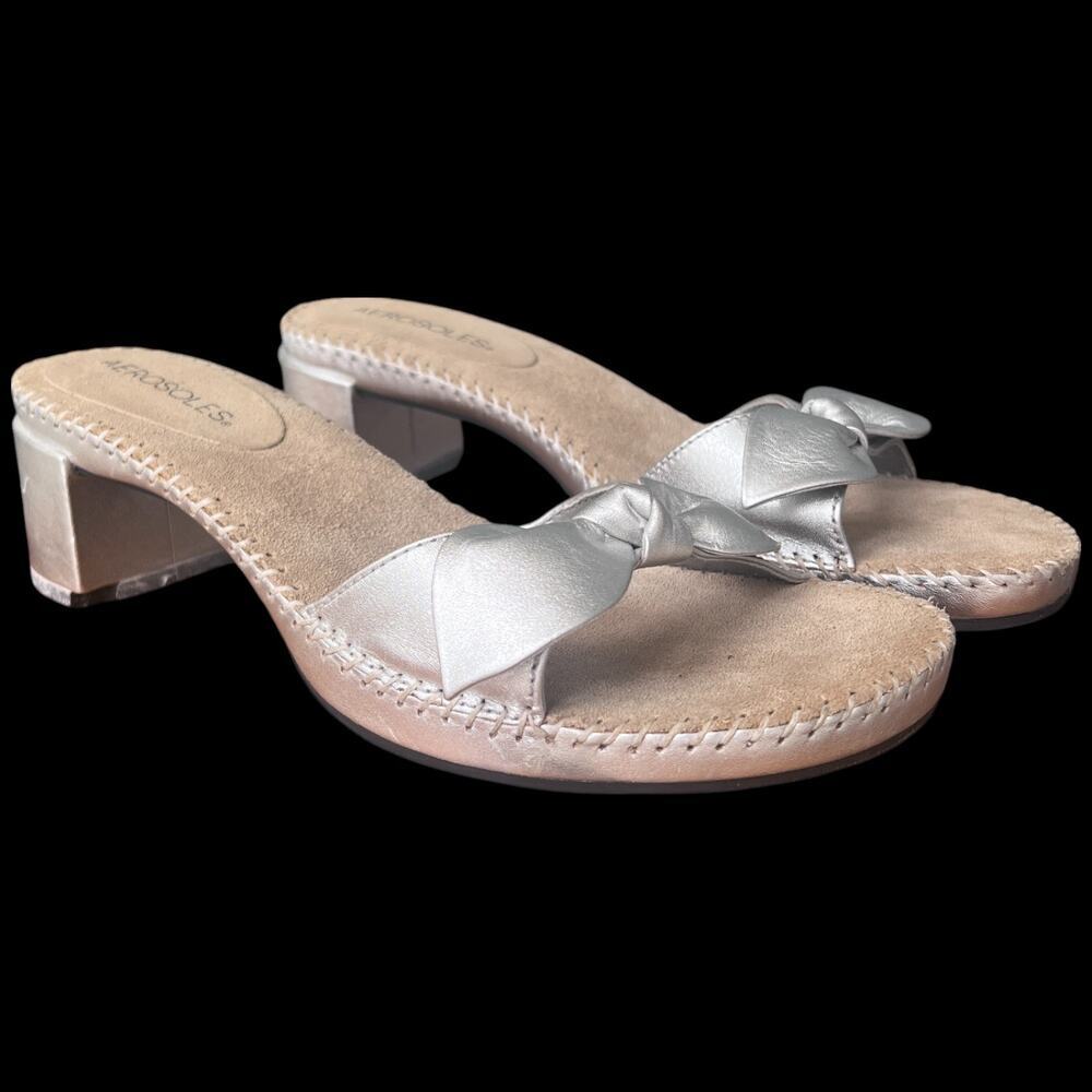 AEROSOLES Women's Size 8.5B Metallic Silver Slip On Sandal Bow Slide READ